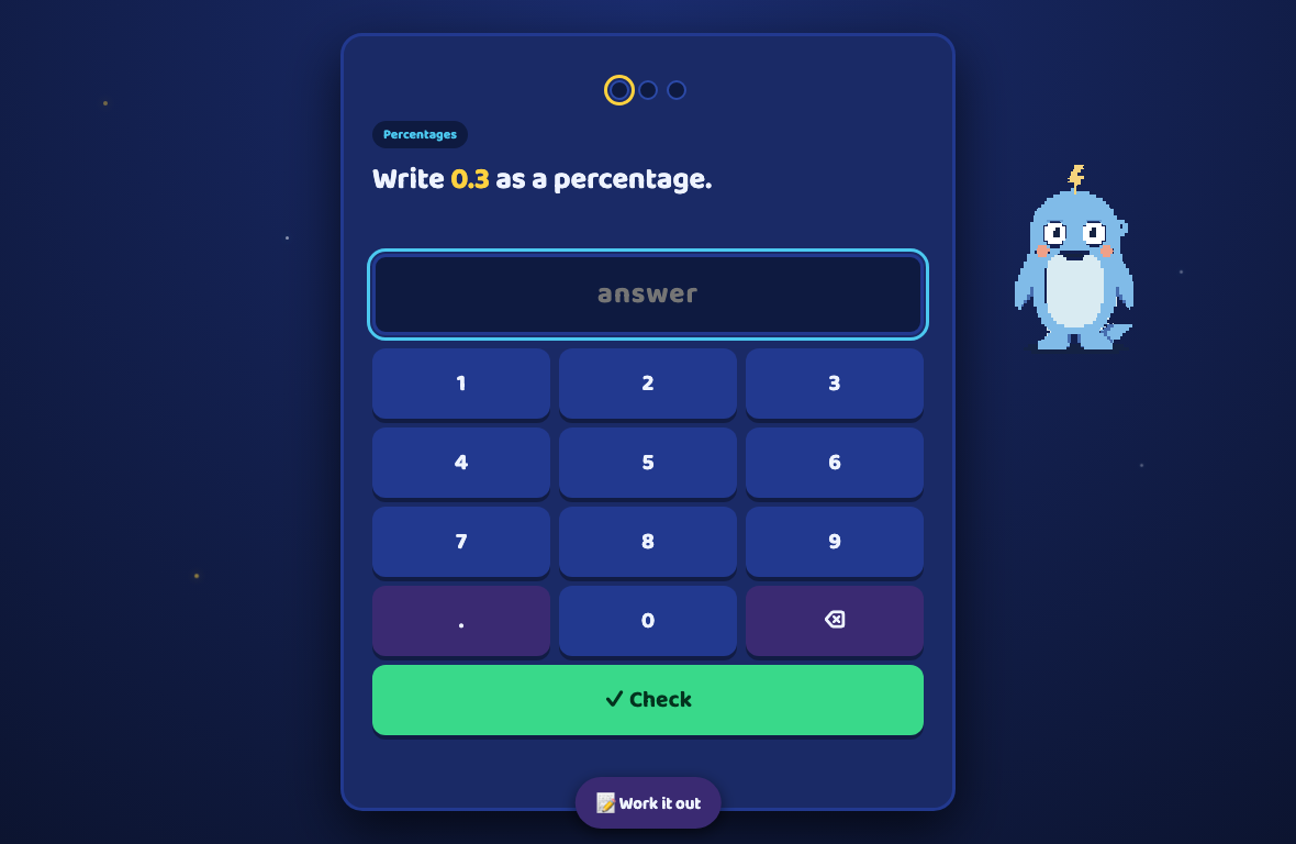Brain Boost Buddy showing a percentages question with Buddy the dolphin quietly helping beside it