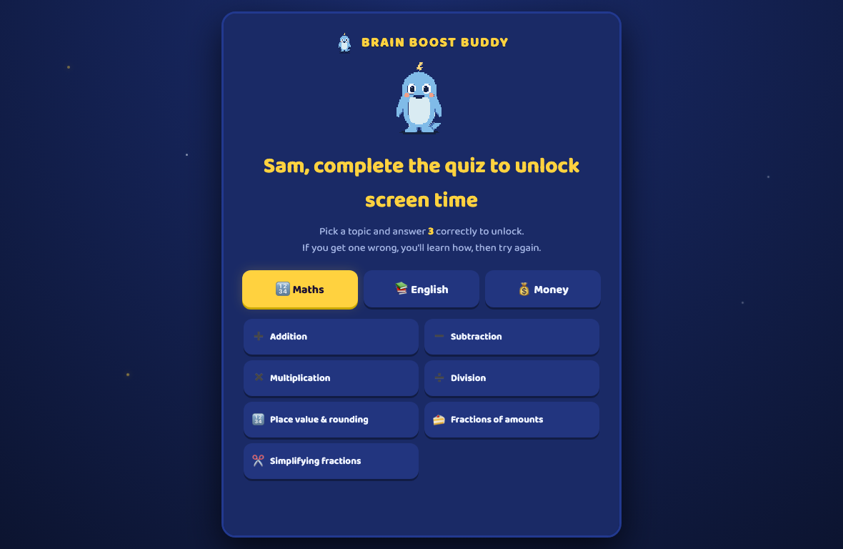 Brain Boost Buddy topic picker with Maths, English and Money choices for Sam